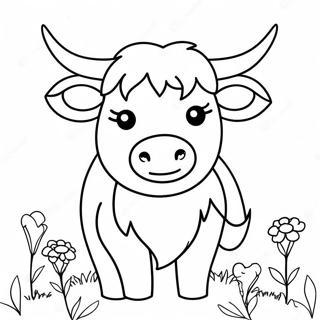 Cute Highland Cow With Flowers Coloring Page 17422-14210