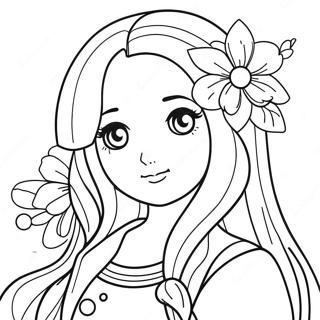 Long Hair Anime Girl With Flowers Coloring Page 22823-18483