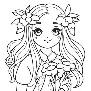 Long Hair Anime Girl With Flowers Coloring Page 22823-18484