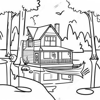 Cozy Lake House Cabin With Trees Coloring Page 45573-36533