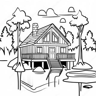 Cozy Lake House Cabin With Trees Coloring Page 45573-36535