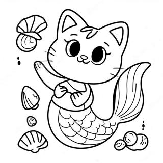 Playful Mermaid Cat With Seashells Coloring Page 5412-4489