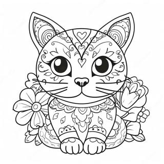 Colorful Sugar Skull Cat With Flowers Coloring Page 56383-45441