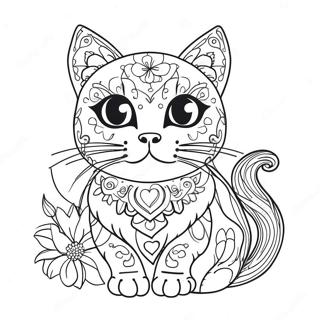 Colorful Sugar Skull Cat With Flowers Coloring Page 56383-45442