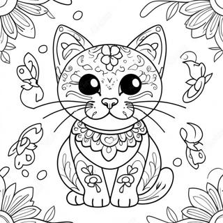 Colorful Sugar Skull Cat With Flowers Coloring Page 56383-45443