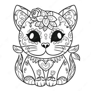 Colorful Sugar Skull Cat With Flowers Coloring Page 56383-45444