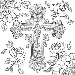 Intricate Cross With Roses Coloring Page 60093-48362